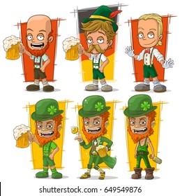 Cartoon bavarians and green leprechaun with beer character vector set