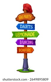 Cartoon BBQ barbeque party wooden signboard with direction arrows, vector sign board. Summer festival or barbecue party and picnic signboard with direction to drinks bar, dance club and bonfire