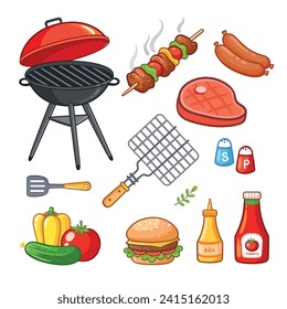 Cartoon bbq elements. BBQ party set with barbecue tools, burning grill, picnic food, roasted beef steak, hamburger,  sausage, vegetable. Vector illustration. Barbecue grill party.