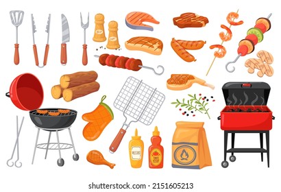 Cartoon bbq elements. Summer barbecue, burning grill picnic food roasted beef steak fish meat menu cooking chef grilling hamburger kebab sausage vegetable, vector illustration. Barbecue grill party
