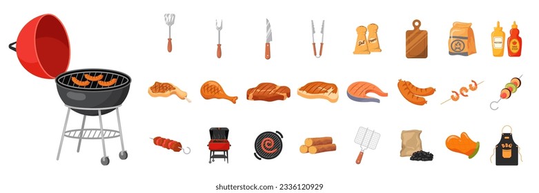 Cartoon bbq elements. Summer barbecue, burning grill picnic food roasted beef steak fish meat menu cooking chef grilling hamburger kebab sausage vegetable, vector illustration. Barbecue grill party