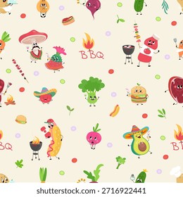 Cartoon bbq comida sin patrón. Verduras positivas, hamburguesa, perrito caliente, champiñón. Impresión divertida de Foody para la tela, Fondo de pantalla, envoltura, hoy en día fondo de Vector