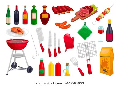 Cartoon bbq grill elements. Bbq party equipment, preparing grilled ribs beef steak skewer vegetables wine chef grills cook tools outdoor picnic dinner ingenious vector illustration of barbecue grill