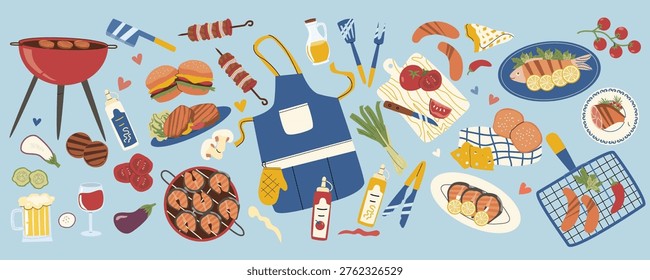 Cartoon BBQ grill food elements set. Vector illustration of grilled meat, fish, sausages, vegetables, hamburger and tools. Vector collection for barbecue party, menu design and picnic.