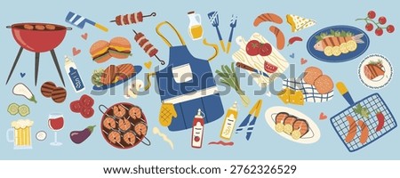 Cartoon BBQ grill food elements set. Vector illustration of grilled meat, fish, sausages, vegetables, hamburger and tools. Vector collection for barbecue party, menu design and picnic.