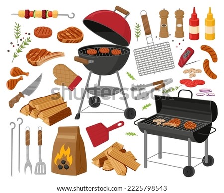 Cartoon bbq grill, roasted meat and vegetables. Barbecue party elements, grilled steak, sausages and bbq cooking tools flat vector illustration set. BBQ picnic collection