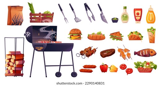 Cartoon bbq grill set for picnic with meat and fish isolated on white background. Cooking beef and vegetable isolated icon illustration. Summer meal on brazier. Burger and hotdog grilled collection.