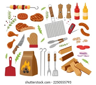 Cartoon bbq, roasted meat and vegetables. Barbecue party elements, wood, charcoal, grilled steak, sausages and bbq cooking tools flat vector illustration on white background