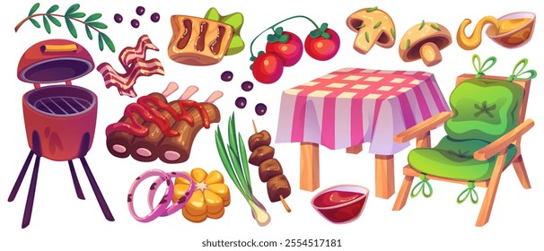 Cartoon BBQ scene with outdoor cooking elements - crimson grill and wooden chair with table, meat on skewer and striped bacon, ribs with sauce and sliced onions, fresh vegetables and mushrooms.