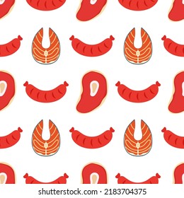 cartoon bbq seamless pattern with grilled sausages, salmon and beef steak, vector illustration of cute snack in flat style