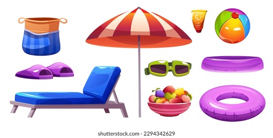 Accesorios de playa de dibujos animados aislados sobre fondo blanco. Ilustración vectorial de paraguas coloridos, salón de cristalería, gafas de sol, crema de protección solar, bolsa, zapatillas, bola de goma y anillo. Artículos de descanso de verano