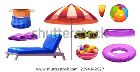 Cartoon beach accessories set isolated on white background. Vector illustration of colorful umbrella, chaise lounge, sunglasses, sunscreen cream, bag, slippers, rubber ball and ring. Summer rest items