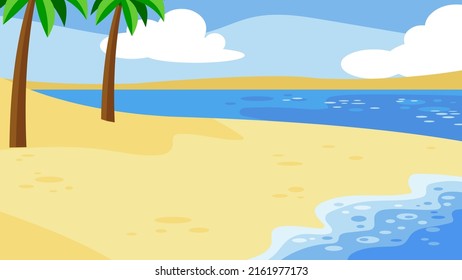 Cartoon Beach Background With Palms Tree. Vector Hand Drawn Flat Illustration Design