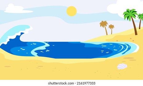 Fondo De Playa De Caricatura Con Vector De Árbol De Palmas Mano Dibujado Diseño De Ilustración Plano