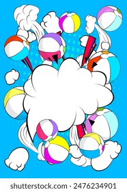Cartoon Beach Ball with blank speech bubble, comic book Summer Toy background. Retro vector comics pop art design.