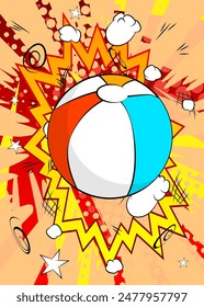 Cartoon Beach Ball, comic book Summer Toy. Retro vector comics pop art design.