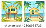 Cartoon beach house. Shack house on beachfront, bungalow country building cottage in caribbean. A hut by the ocean, summer. Thailand acation. Hawaii resort.