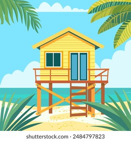 Cartoon beach house. Shack house on beachfront, bungalow country building cottage in caribbean. A hut by the ocean, summer. Thailand acation. Hawaii resort.