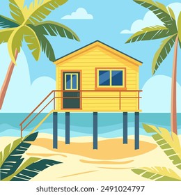 Cartoon beach house. Shack house on beachfront, bungalow country building cottage in caribbean. A hut by the ocean, summer. Thailand acation. Hawaii resort.