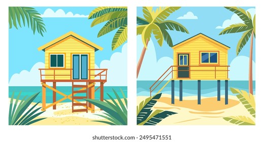 Cartoon beach house. Shack house on beachfront, bungalow country building cottage in caribbean. A hut by the ocean, summer. Thailand acation. Hawaii resort.