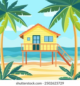 Cartoon beach house. Shack house on beachfront, bungalow country building cottage in caribbean. A hut by the ocean, summer. Thailand acation. Hawaii resort.