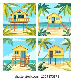 Cartoon beach house. Shack house on beachfront, bungalow country building cottage in caribbean. A hut by the ocean, summer. Thailand acation. Hawaii resort.