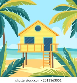 Cartoon beach house. Shack house on beachfront, bungalow country building cottage in caribbean. A hut by the ocean, summer. Thailand acation. Hawaii resort.