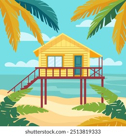 Cartoon Strandhaus. Shack-Haus am Strand, Bungalow Landhaus in der Karibik. Eine Hütte am Meer, Sommer. Thailand acation. Hawaii Resort.