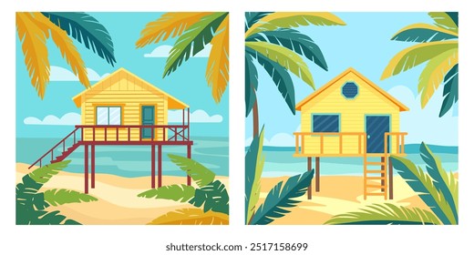 Casa de praia de desenhos animados. Casa de cabana à beira-mar, casa de campo de bungalow no Caribe. Uma cabana perto do oceano, verão. Ação da Tailândia. resort no Havaí.