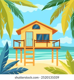 Cartoon beach house. Shack house on beachfront, bungalow country building cottage in caribbean. A hut by the ocean, summer. Thailand acation. Hawaii resort.