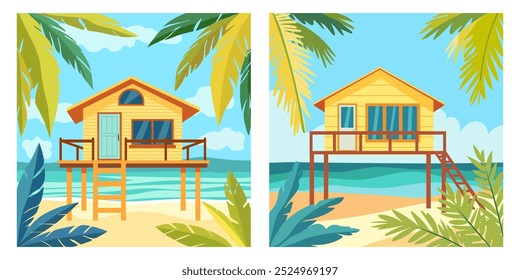 Casa de praia de desenhos animados. Casa de cabana à beira-mar, casa de campo de bungalow no Caribe. Uma cabana perto do oceano, verão. Ação da Tailândia. resort no Havaí.