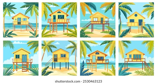 Cartoon beach house. Shack house on beachfront, bungalow country building cottage in caribbean. A hut by the ocean, summer. Thailand acation. Hawaii resort.