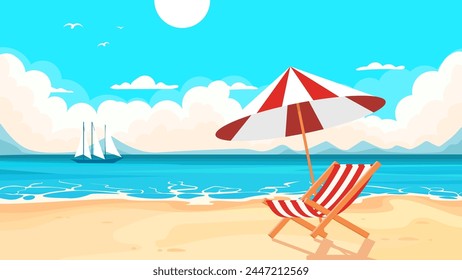 Cartoon beach landscape with a chaise longue and an umbrella on the background of the ocean