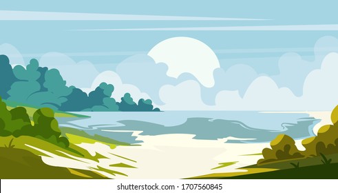 Cartoon beach landscape. Flat landscape vector illustration