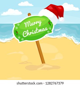 Cartoon beach landscape with sign merry christmas