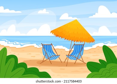 Cartoon beach landscape. Summer background with ocean shore, beach umbrella and deck chairs. Vector illustration
