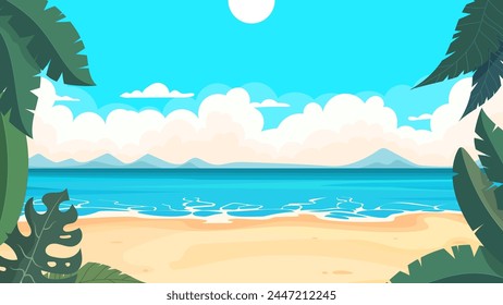 Cartoon beach landscape with tropical plants overlooking the ocean