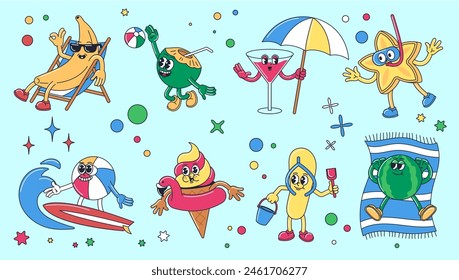 Cartoon beach mascot. Summer fun characters for vacation marketing or beach party event design. Retro 1930s style vector illustration set of fun travel collection