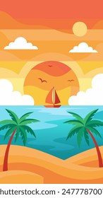 Cartoon beach with palm trees and sun rising over ocean