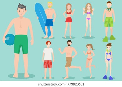 cartoon beach people  on the green background