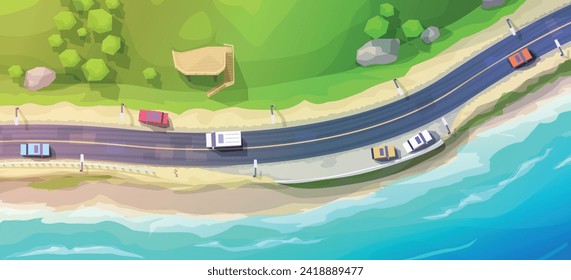 cartoon beach road landscape view from top