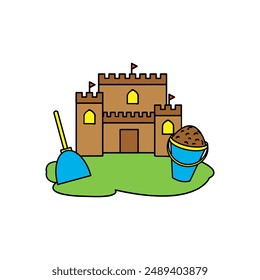 Cartoon beach sandcastle and blue bucket filled with sand and blue shovel  children's summer activity on beaches , isolated vector illustration
