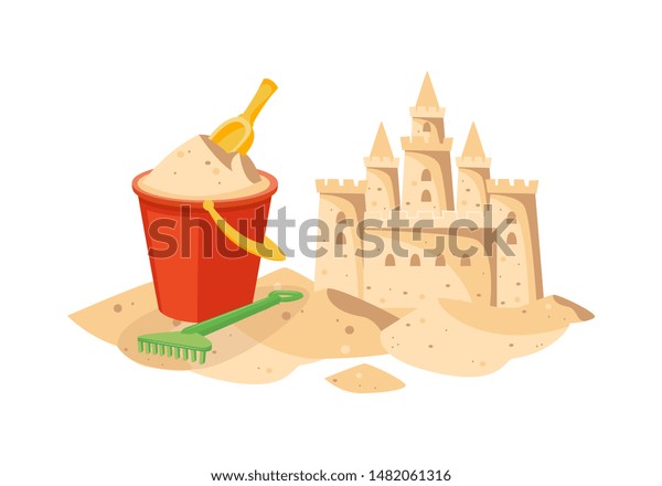 かわいい城の横にある黄色のショベルと緑の熊手 子どもの夏のおもちゃ 分離型ベクターイラスト 砂で埋め尽くされた漫画の砂の城と赤いプラスチックのバケツ のベクター画像素材 ロイヤリティフリー