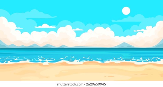 Cartoon-Strandszene mit blauem Meer, gelbem Sand und Wolken hinter den Bergen.