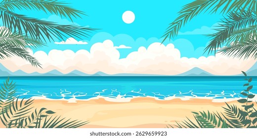 Escena de playa de dibujos animados con vista al mar con nubes y plantas tropicales.