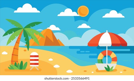 A cartoon beach scene with a palm tree, beach umbrella, lifeguard stand, and a life ring. The background features a blue sky with white clouds and a bright orange sun.