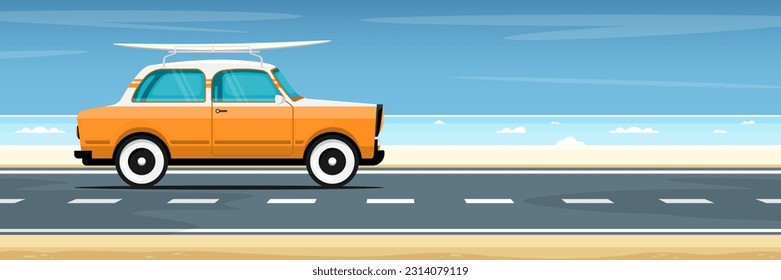 Cartoon beach scene, Personal car with surfboard on beach road, Digital marketing illustration.