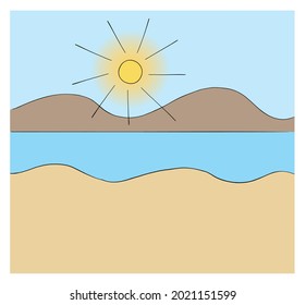 Cartoon beach, sea, mountains and sun, vector illustration. Colored and black outlines.