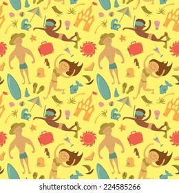 Cartoon beach seamless pattern, bright, sunny, cheerful