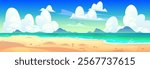 Cartoon beach seaside landscape of tropical island vector background. Summer beach nature landscape with cartoon sea water waves and sand shore under sunny blue sky with white clouds and seagulls